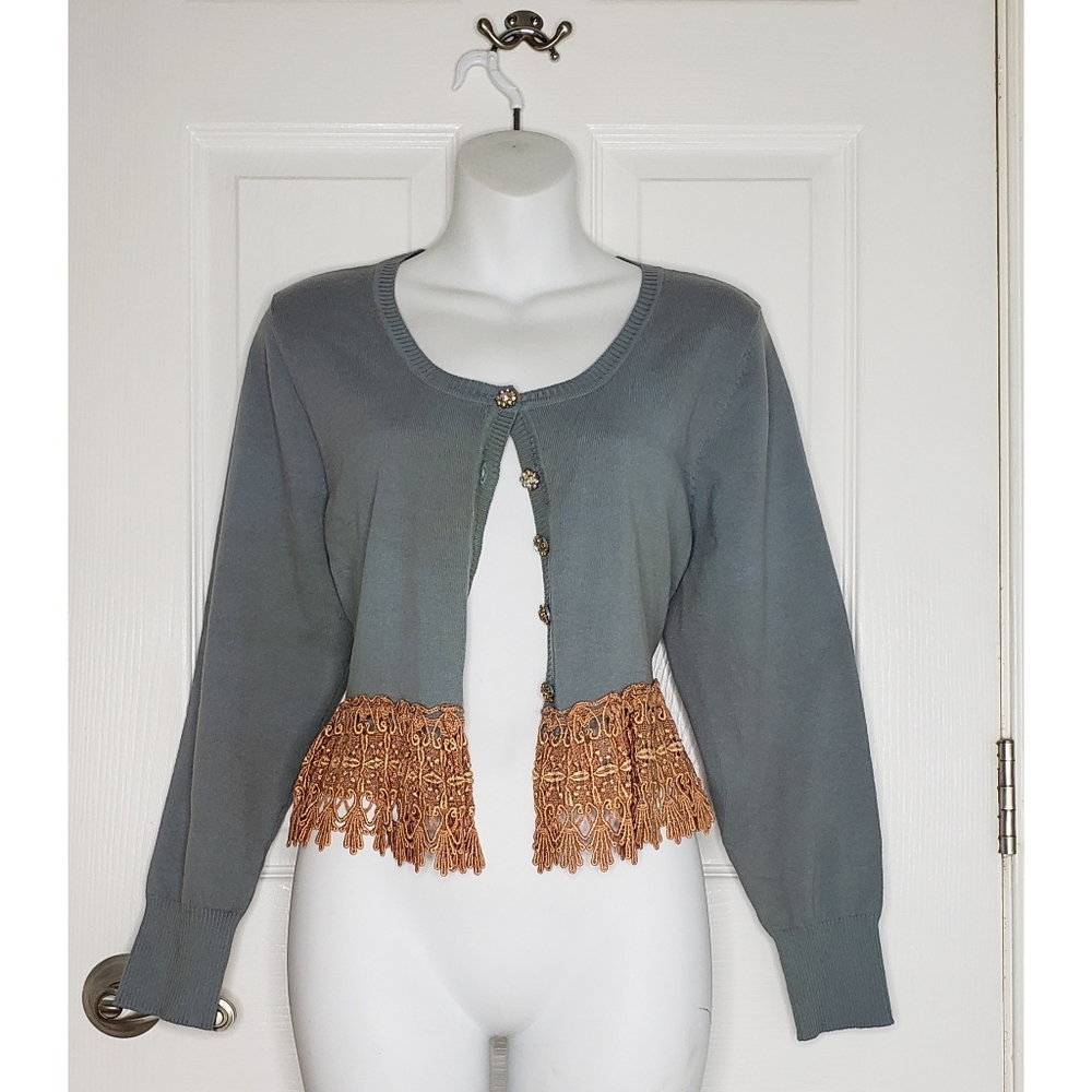 Gypsy South Crop Cardigan - Green & Gold Lace Fringe